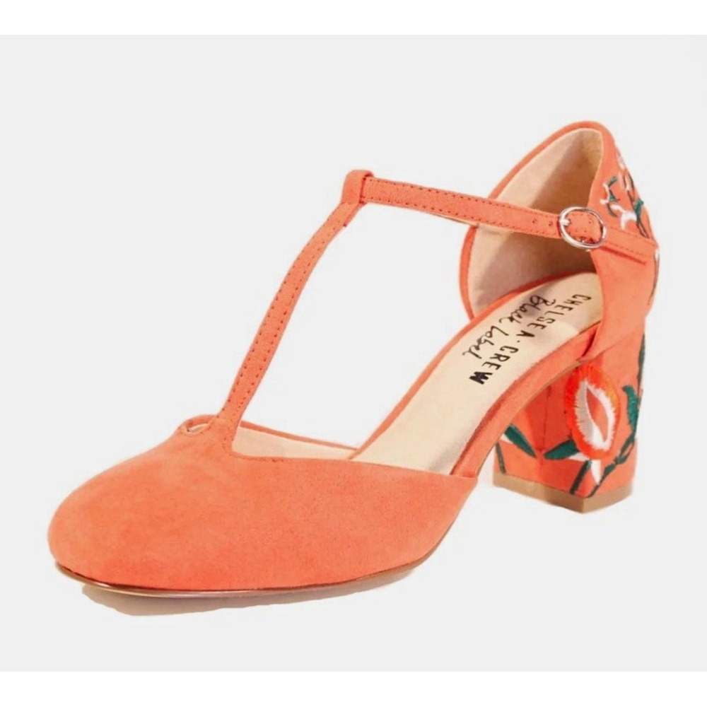 Chelsea Crew Frenchie T-Strap Embroidered Heels Floral Coral size 36